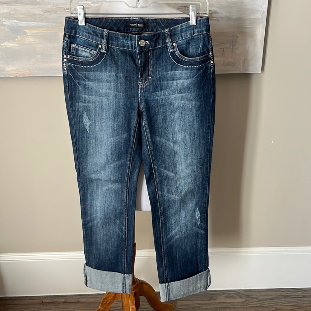 White House Black Market “glamourous” distressed embellished jeans